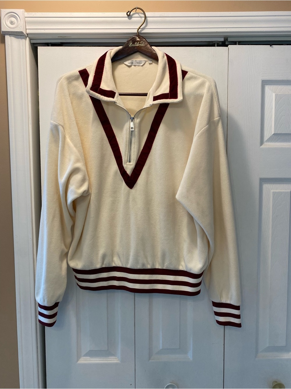Falling forward Cream Half-Zip Pullover Sweater with Burgundy Trim